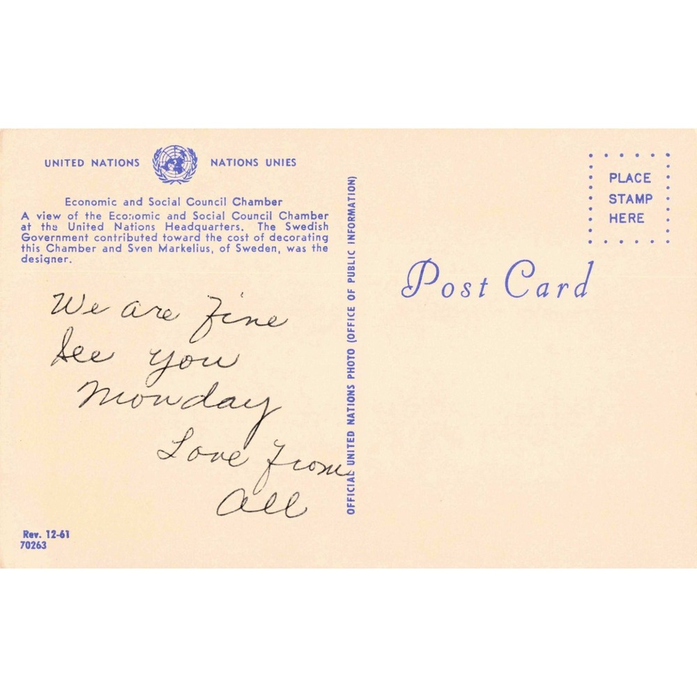 Vintage United Nations Economic Social Council Chamber Postcard Sven Markelius - Picture 2 of 2